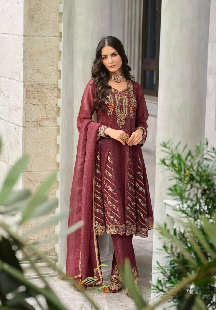 Burgundy Silk Embroidered Kurti Set