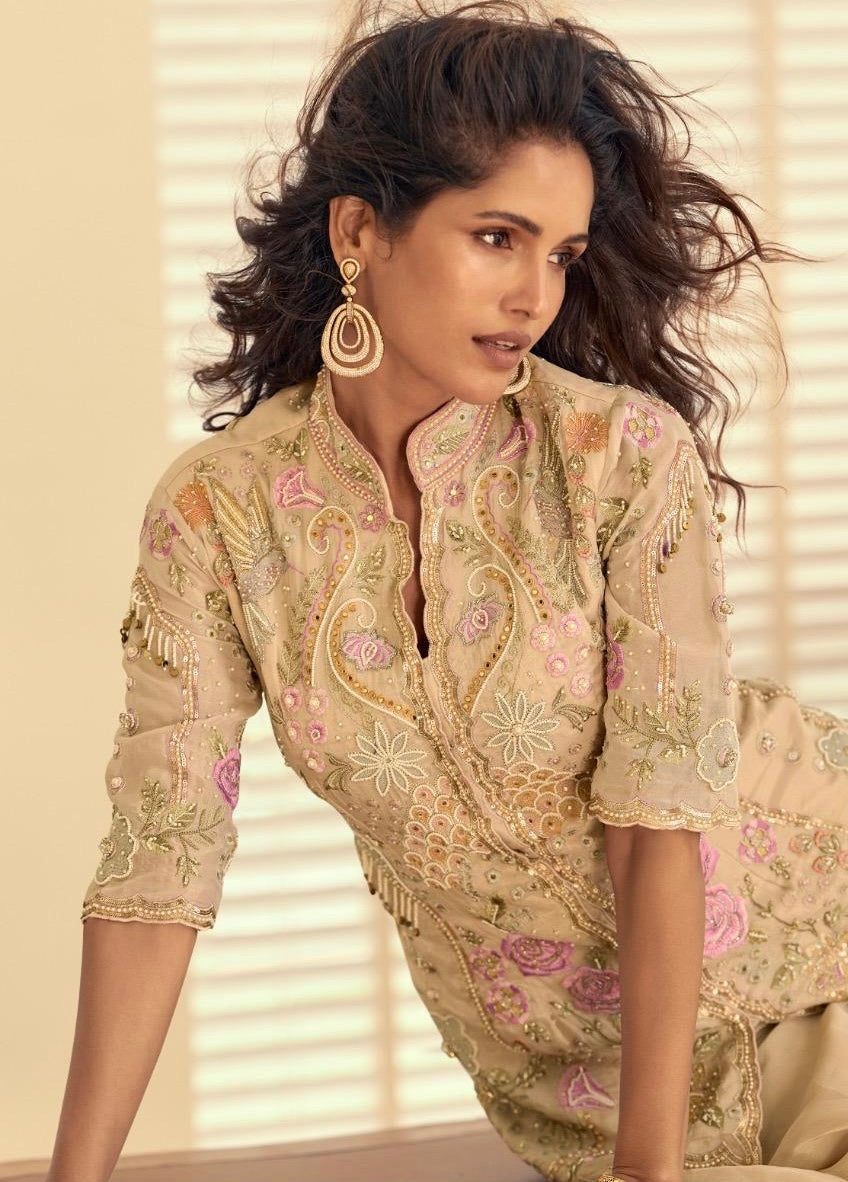 Premium Simar Silk Beige Embroidered Plazzo Suit