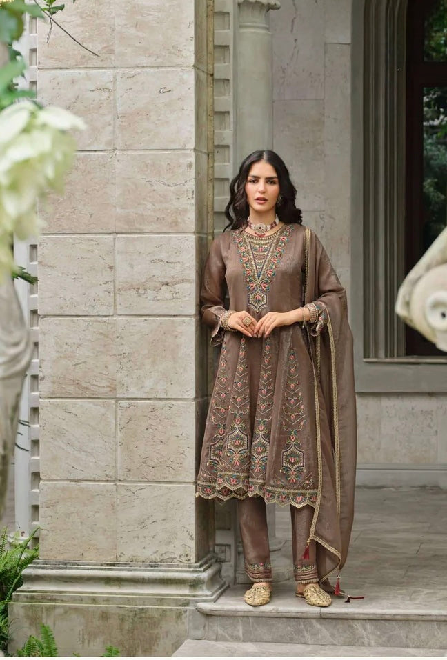 Mocha Brown Silk Embroidered Kurti Set