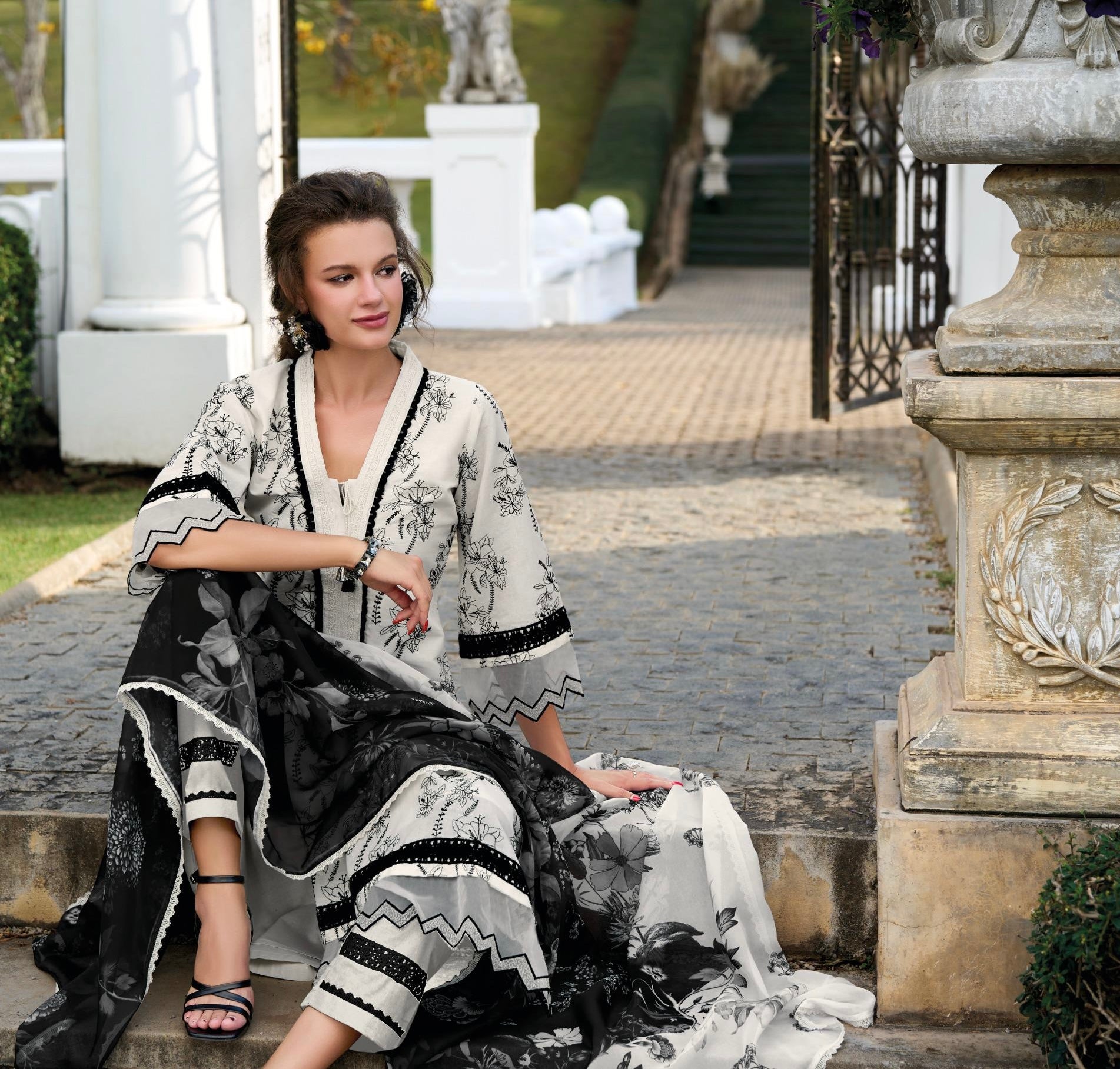 White & Black Cotton Floral Printed Suit
