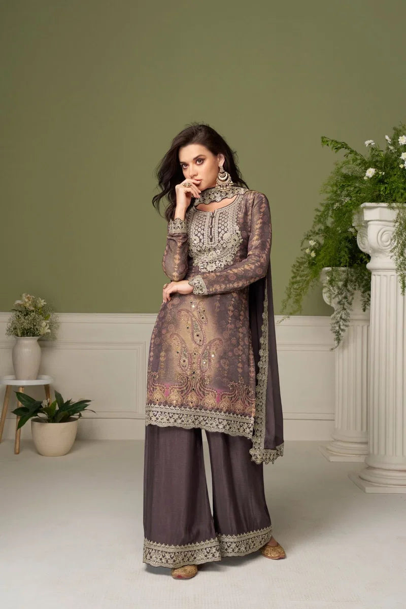Smoky Mauve Chinon Embroidered Sharara Set