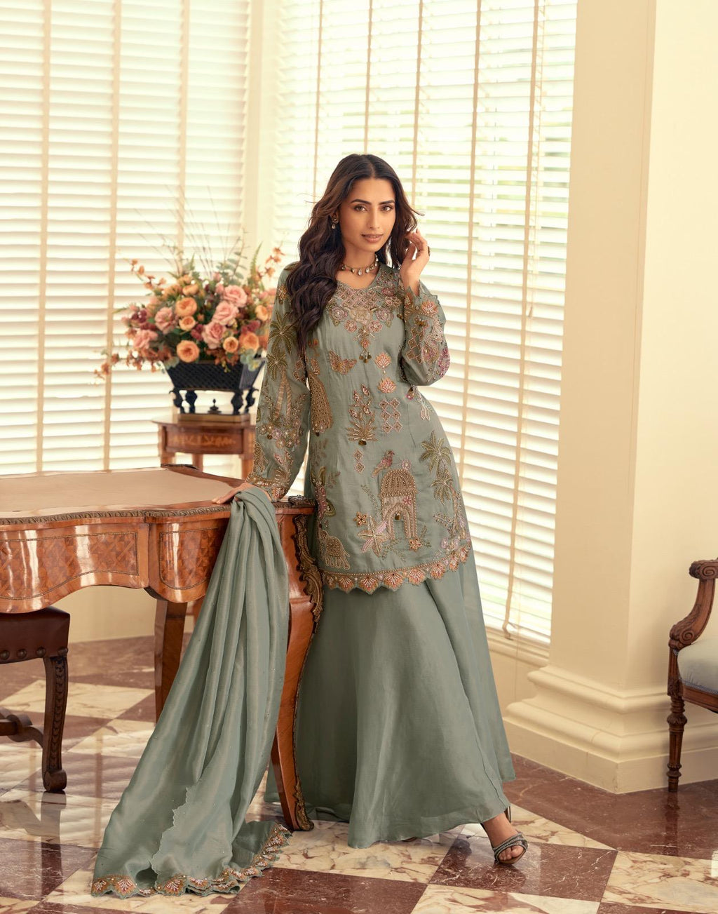 Premium Simar Silk Sage Green Embroidered Plazzo Suit