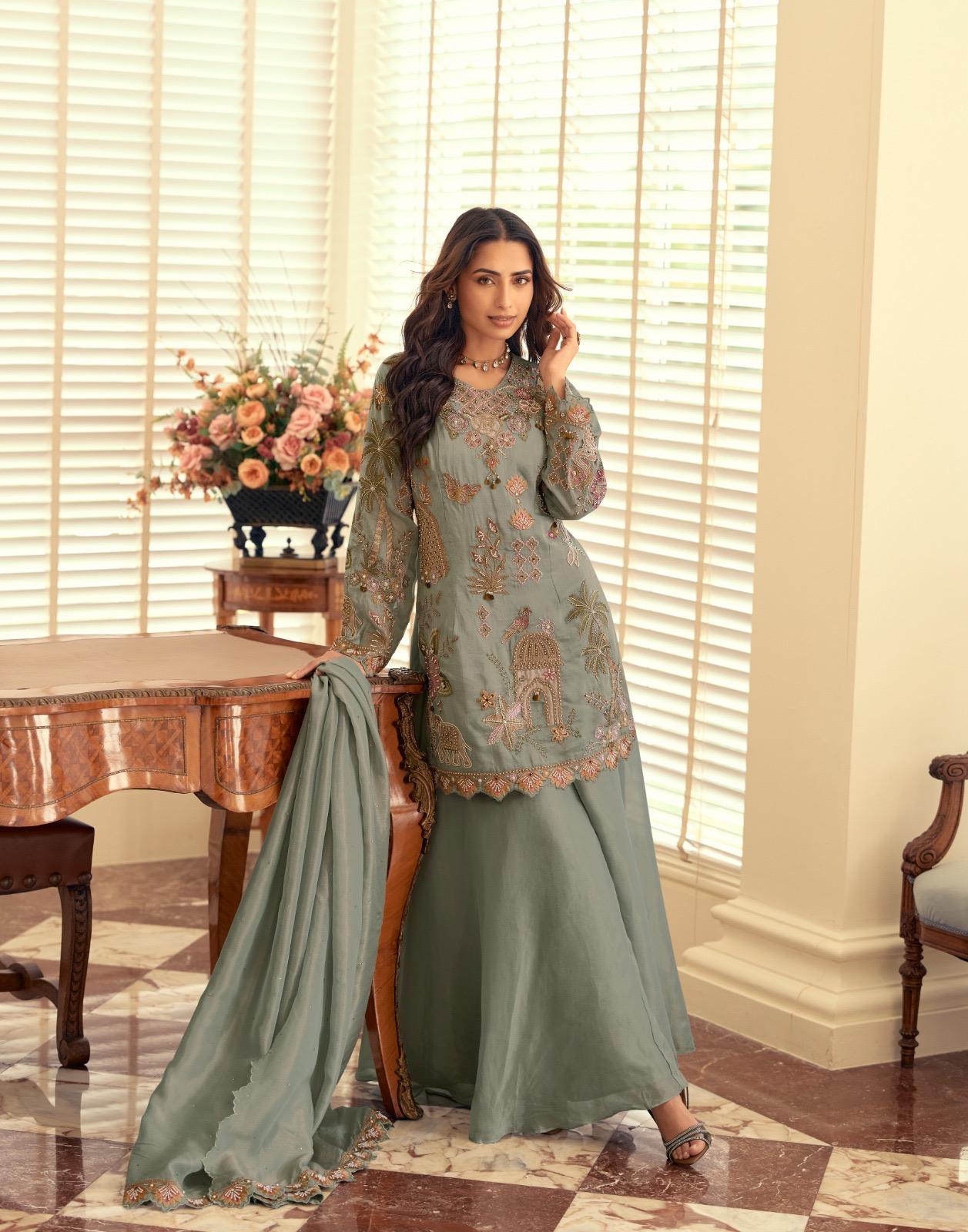 Premium Simar Silk Sage Green Embroidered Plazzo Suit