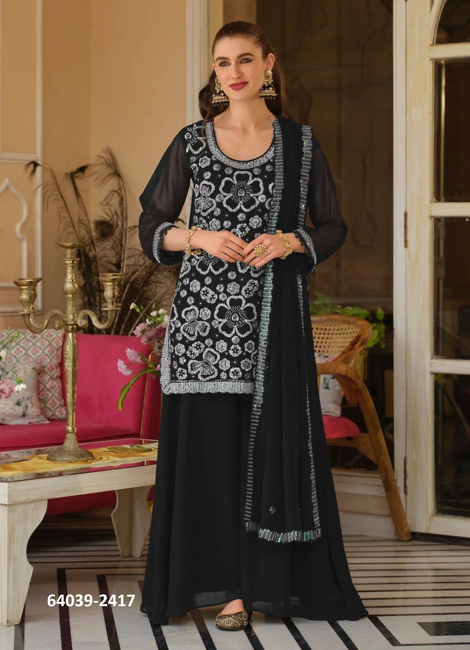 Black Georgette Embroidered Sharara Set