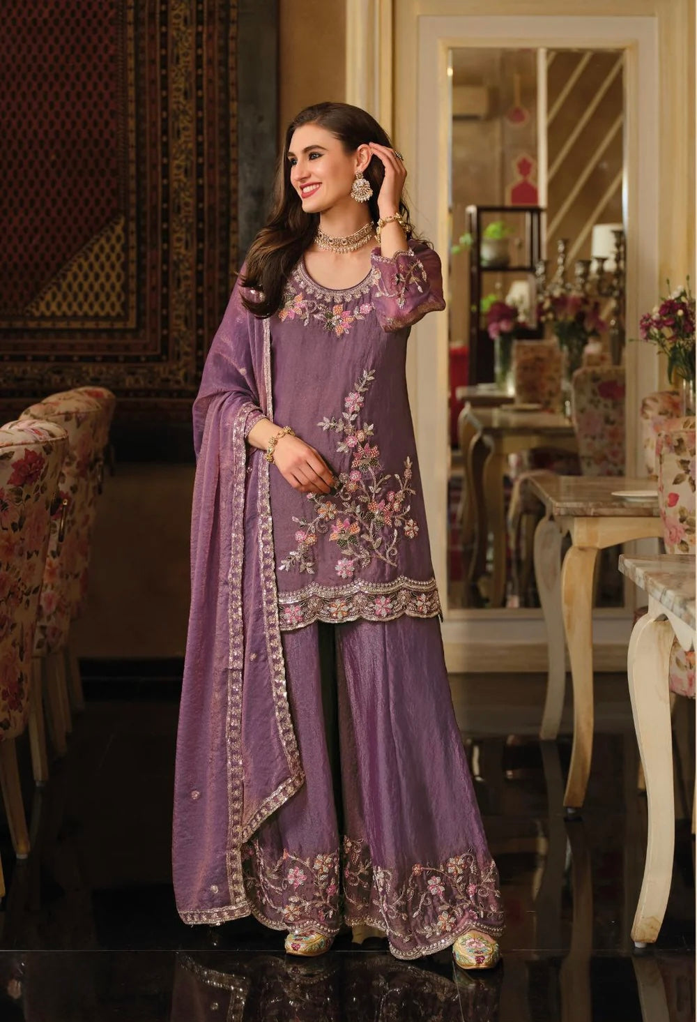 Mauve Moss Crepe Embroidered Sharara Set