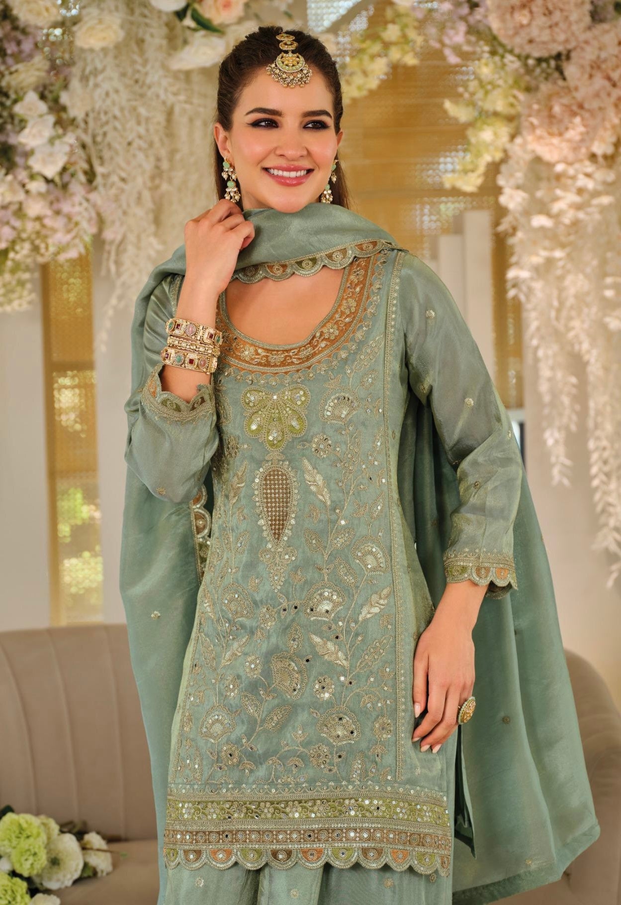 Sage Green Chinon Embroidered Sharara Set