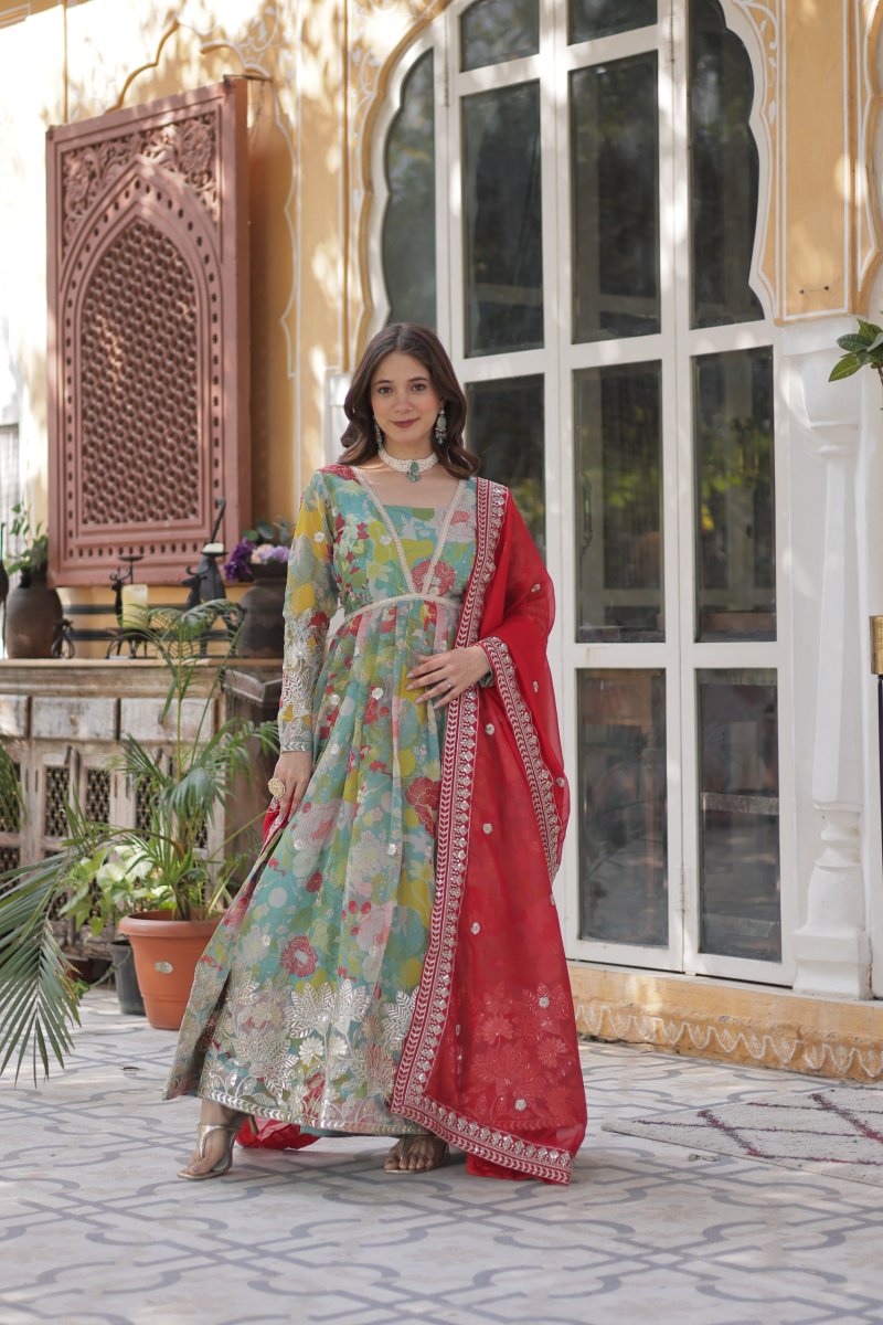 Sage Green Floral Russian Silk Printed Anarkali Suit