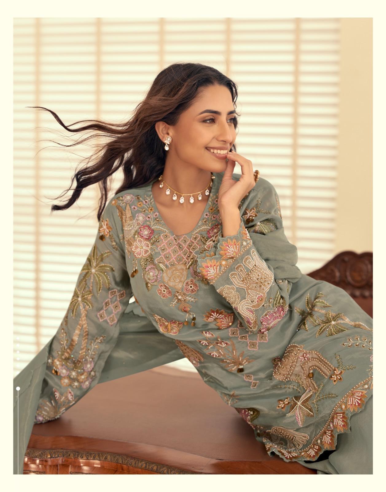 Premium Simar Silk Sage Green Embroidered Plazzo Suit