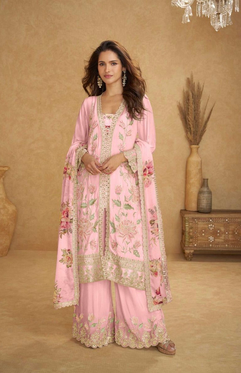 Baby Pink Chinon Floral Printed Suit