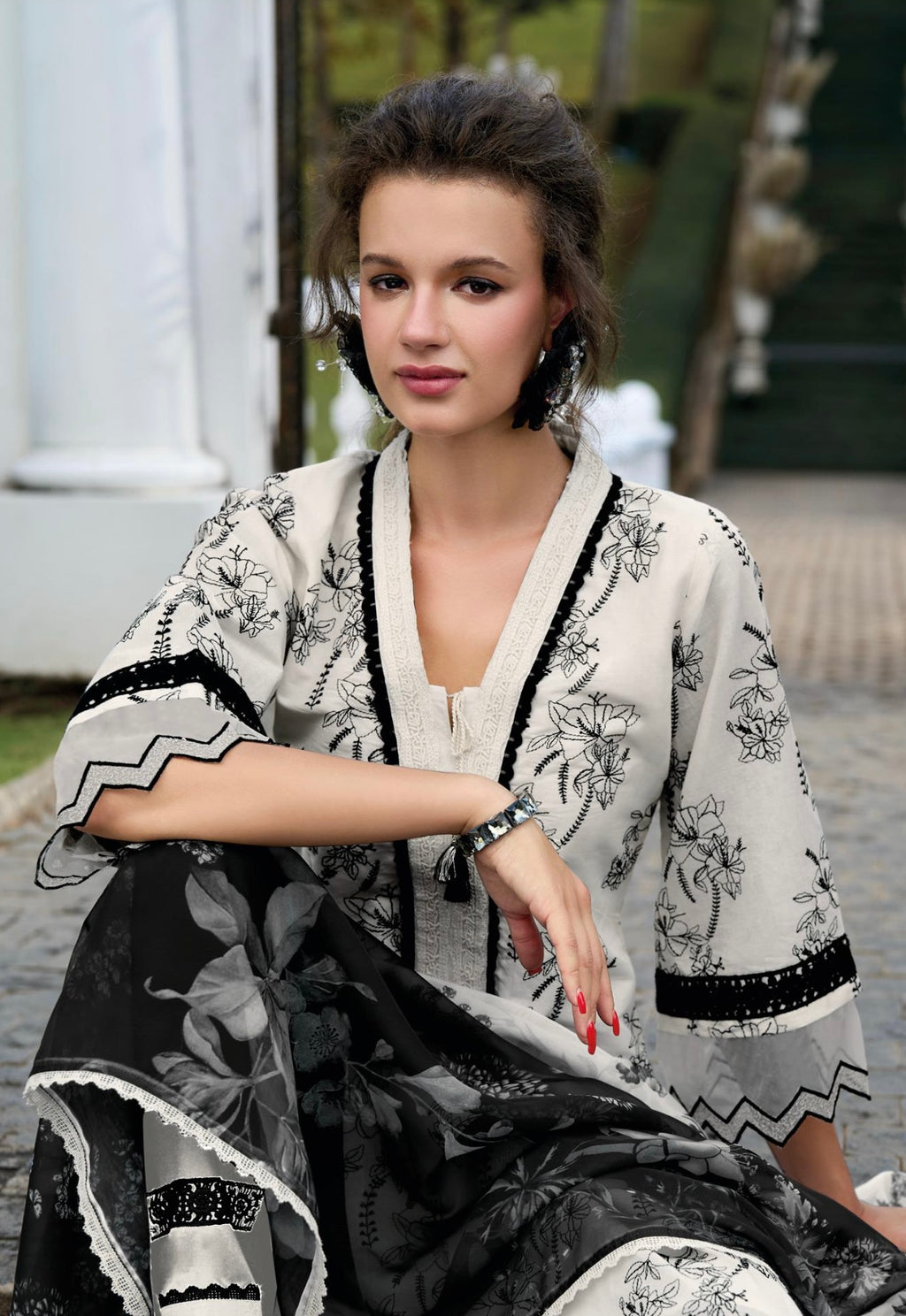 White & Black Cotton Floral Printed Suit