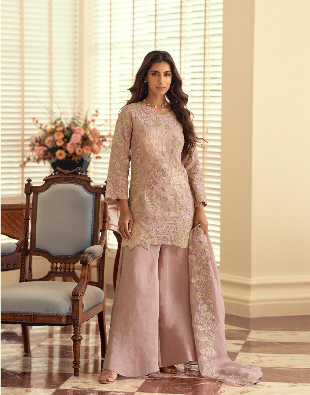 Premium Simar Silk Blush Pink Embroidered Plazzo Suit