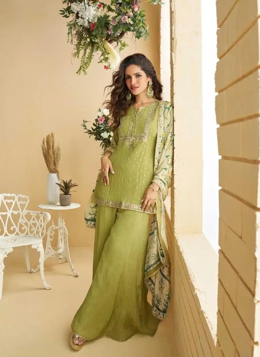 Pistachio Green Chinon Embroidered Suit