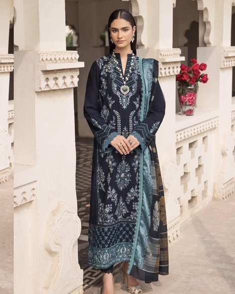 Navy Blue Khaddar Embroidered Suit