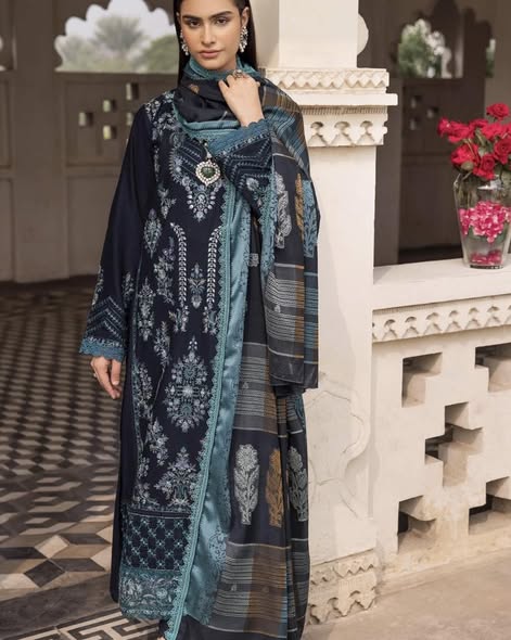 Navy Blue Khaddar Embroidered Suit