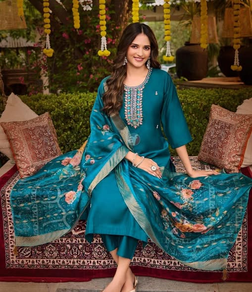 Teal Viscose Modal Festive Suit