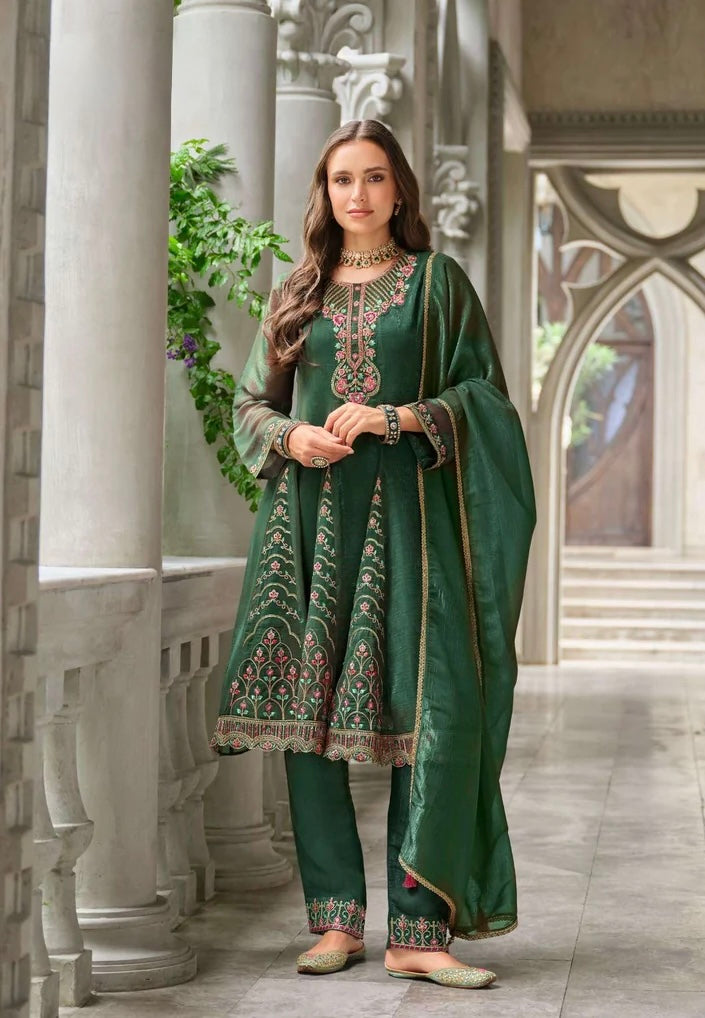 Emerald Green Silk Embroidered Kurti Set