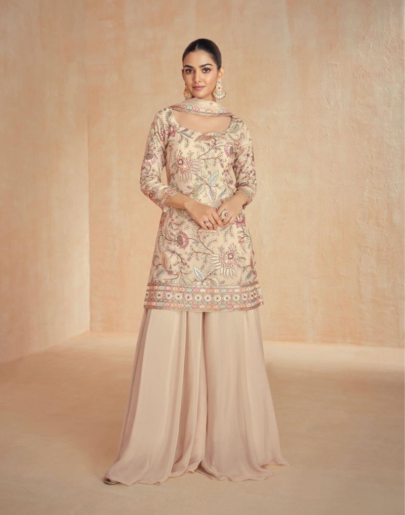 Cream Chinon Silk Embroidered Sharara Set