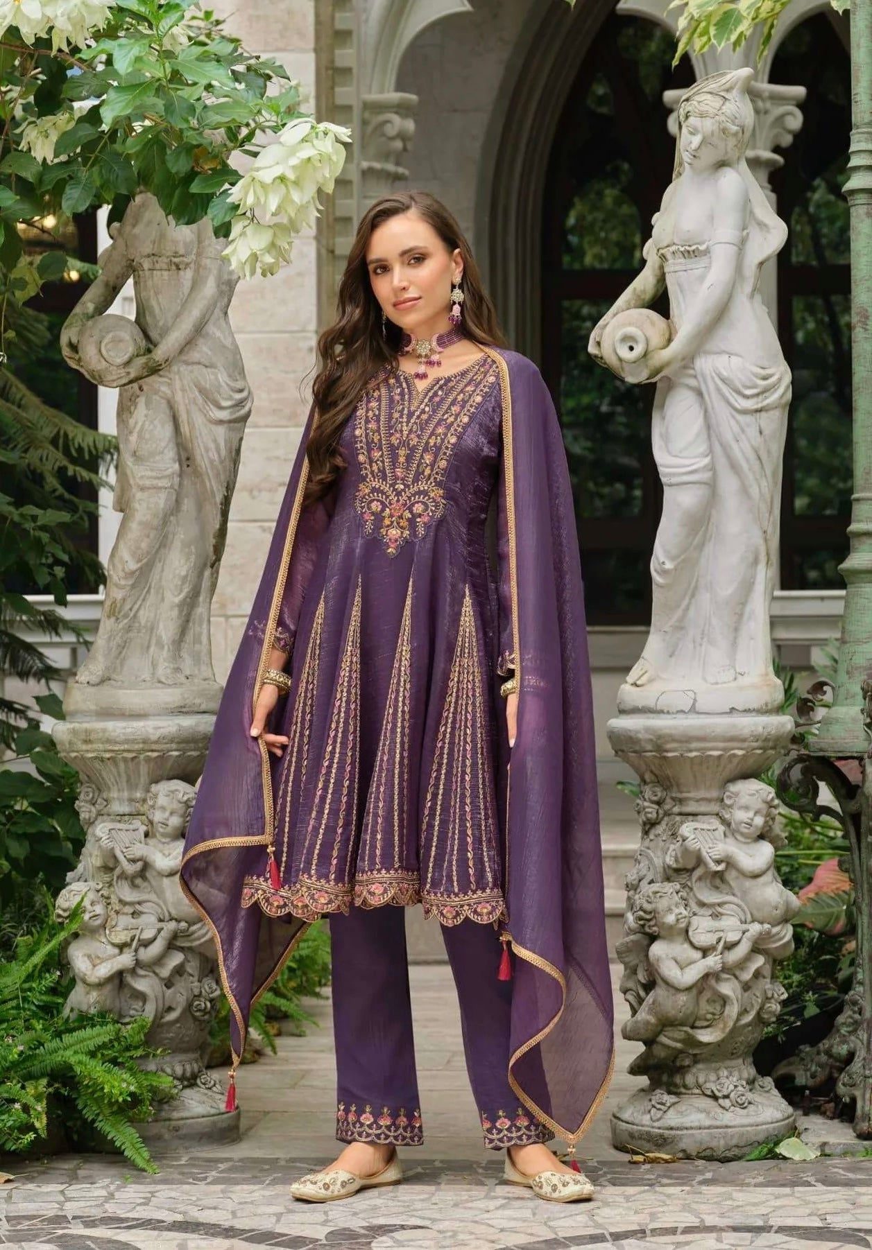 Deep Purple Silk Embroidered Kurti Set