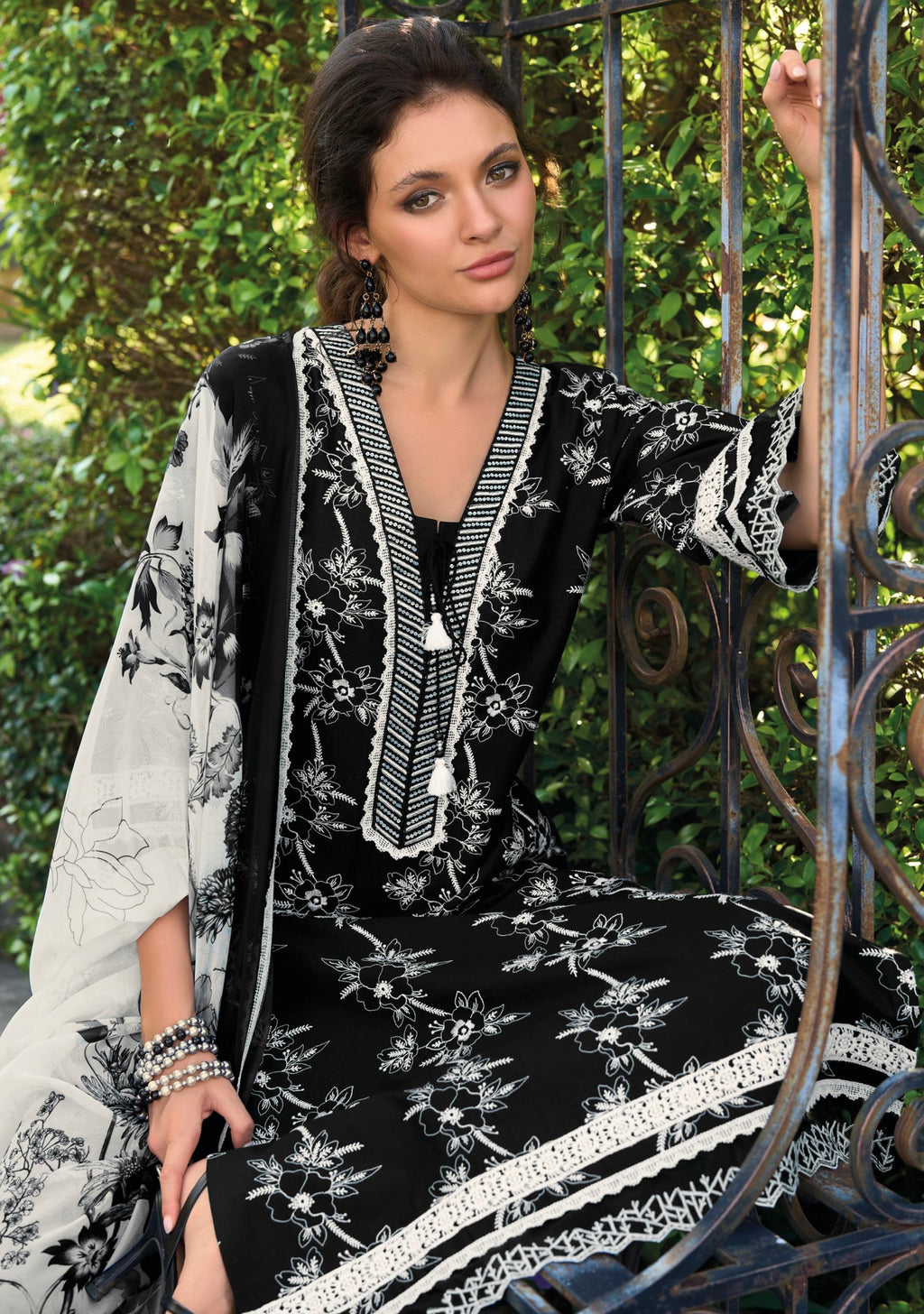 Black Cotton Floral Embroidered Suit