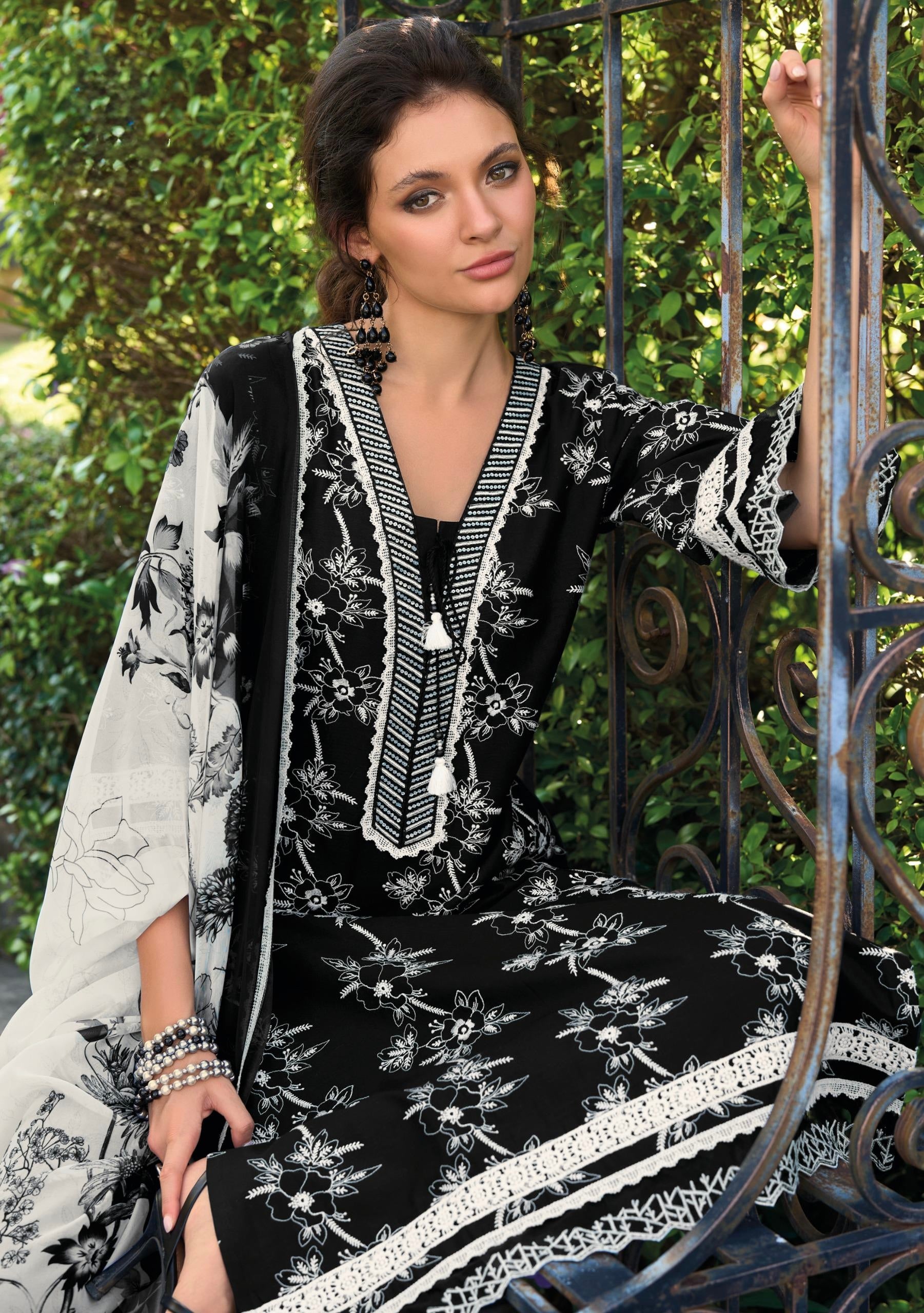 Black Cotton Floral Embroidered Suit