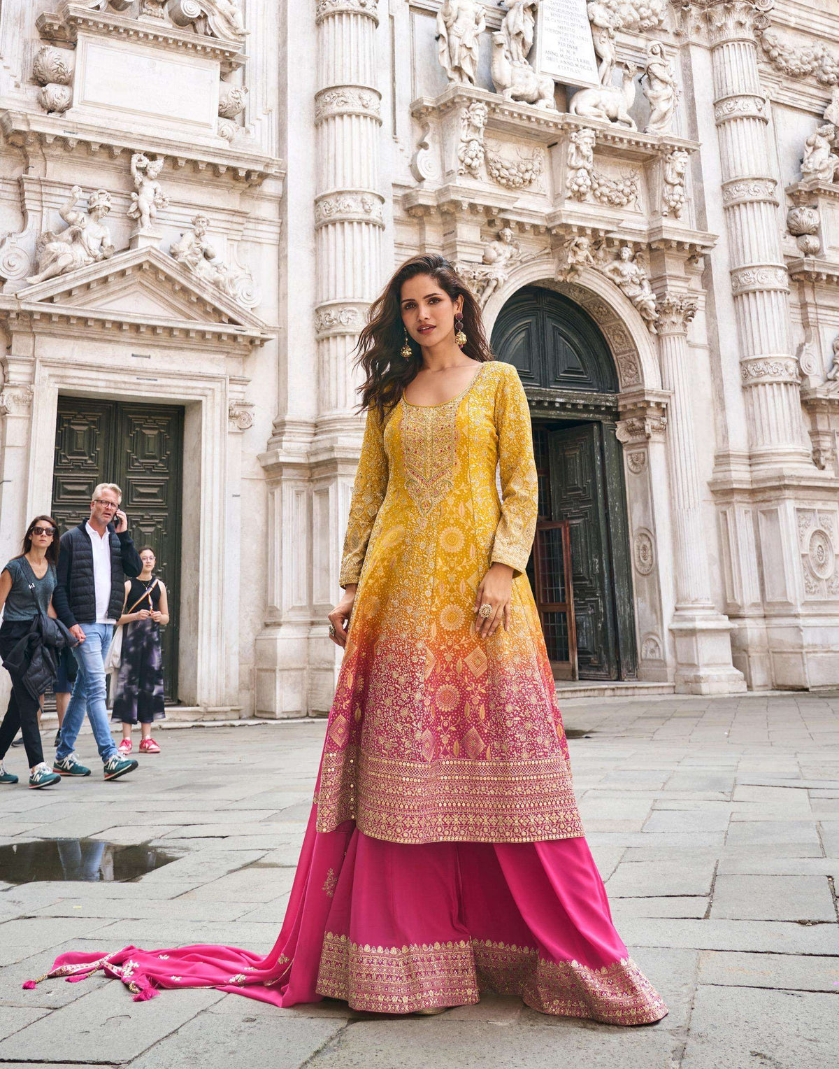 Yellow & Pink Shaded Jacquard Silk Sharara Set