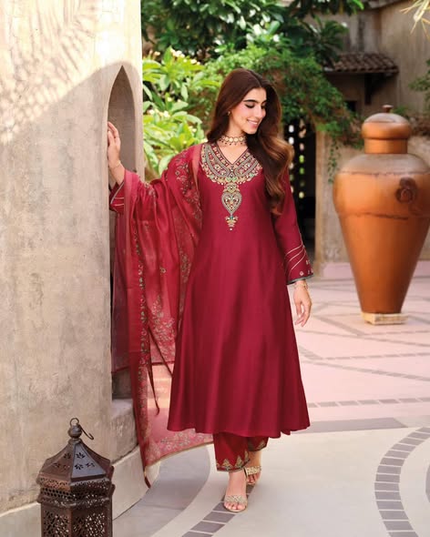 Red Viscose Embroidered Suit
