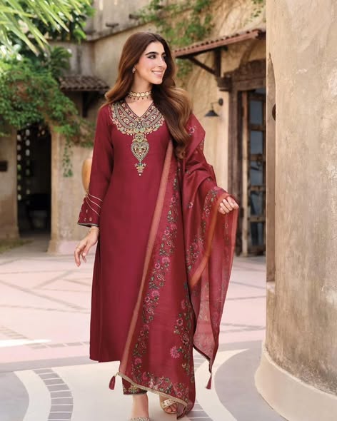 Red Viscose Embroidered Suit