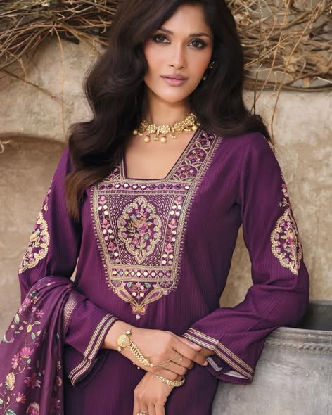 Purple Viscose Embroidered Suit