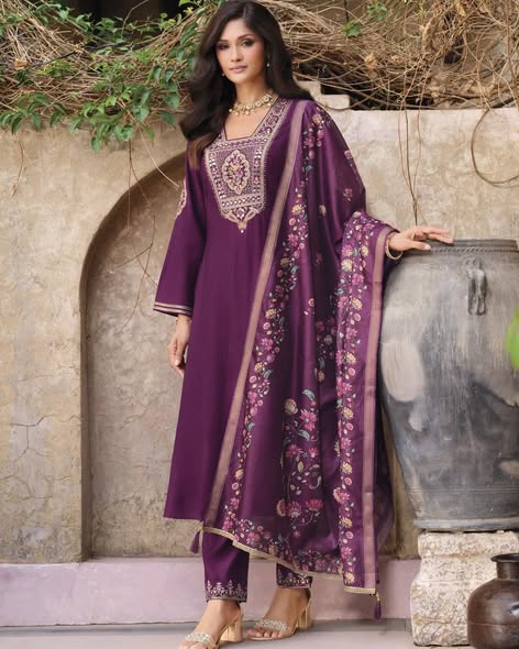 Purple Viscose Embroidered Suit