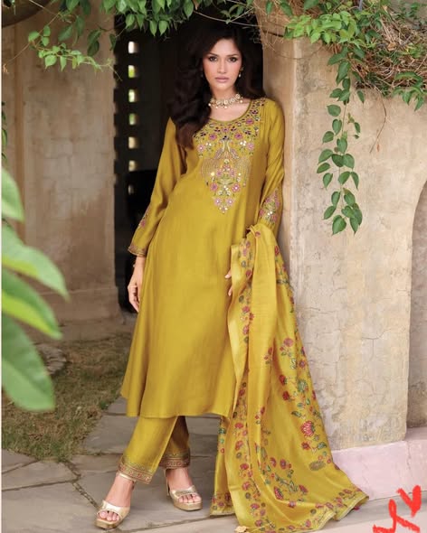 Mustard Viscose Embroidered Suit