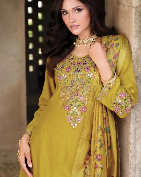 Mustard Viscose Embroidered Suit