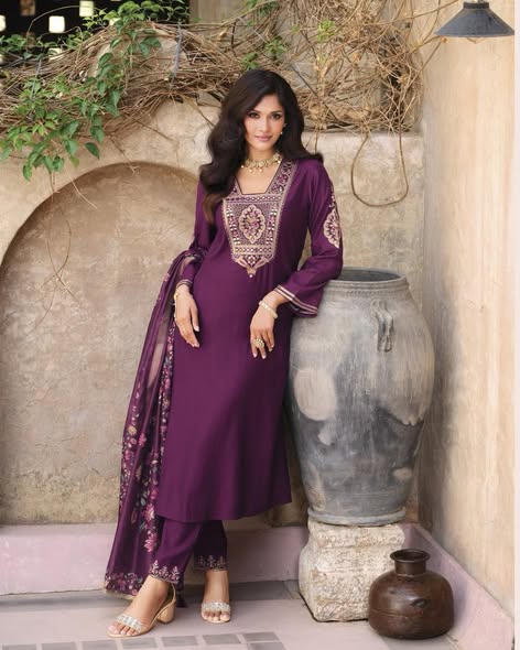 Purple Viscose Embroidered Suit