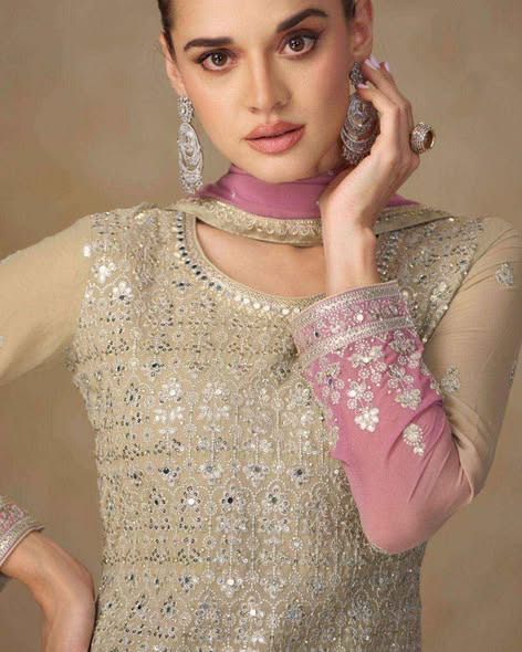Beige Georgette Embroidered Sharara