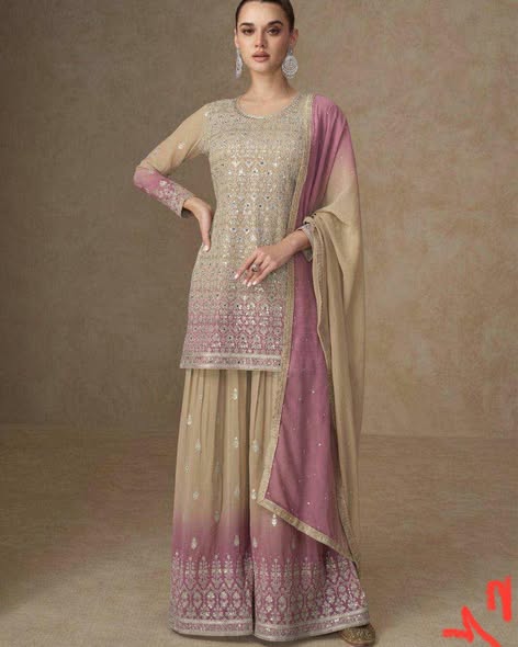 Beige Georgette Embroidered Sharara