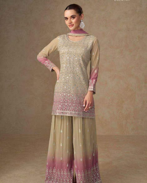Beige Georgette Embroidered Sharara
