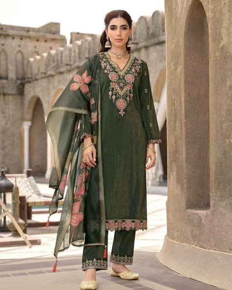 Dark Green Shimmer Silk Suit