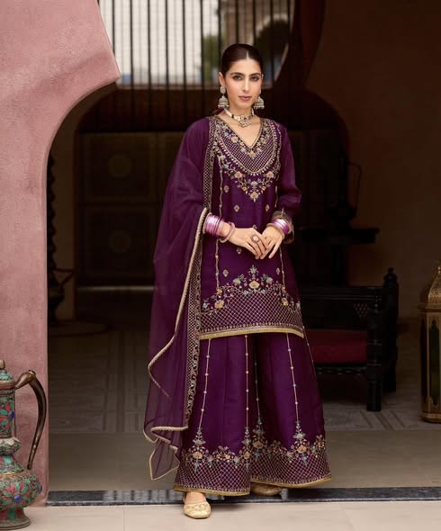 Purple Silk Sharara Set