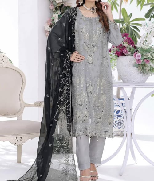 Grey Chiffon Embroidered Suit