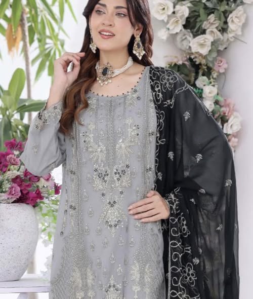 Grey Chiffon Embroidered Suit
