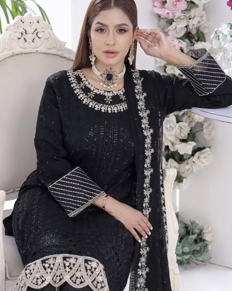 Black Chiffon Embroidered Suit