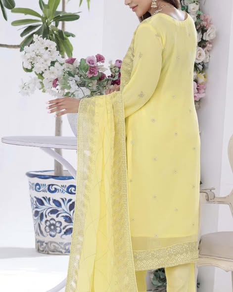 Yellow Chiffon Embroidered Suit