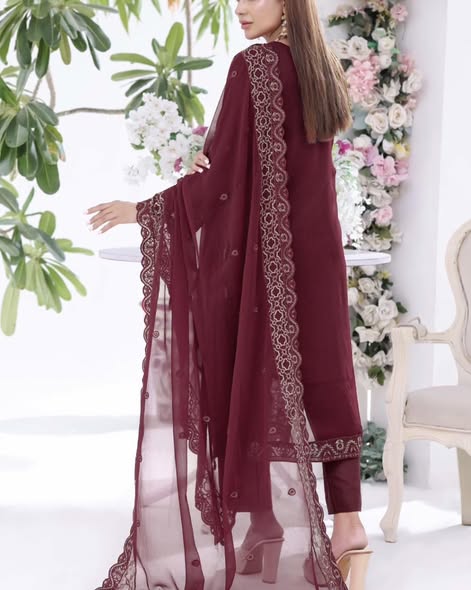 Maroon Chiffon Embroidered Suit