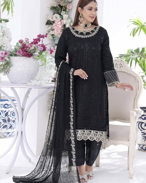 Black Chiffon Embroidered Suit