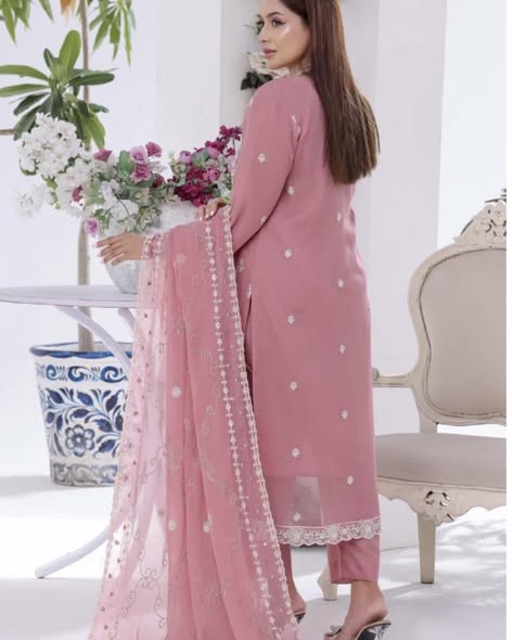 Pink Chiffon Embroidered Suit