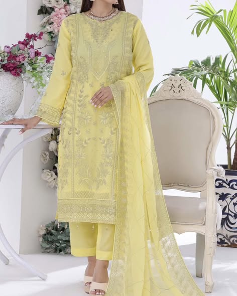 Yellow Chiffon Embroidered Suit