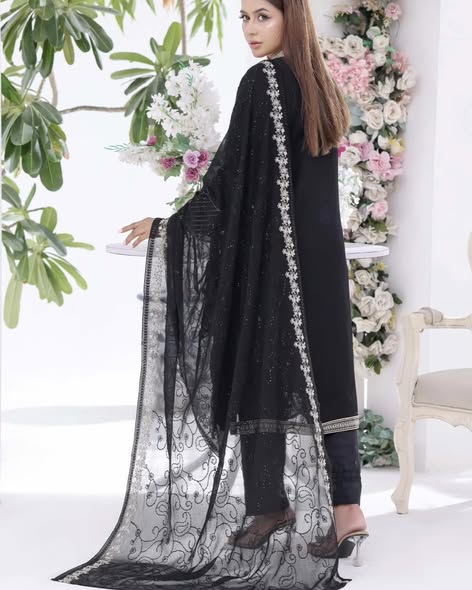 Black Chiffon Embroidered Suit