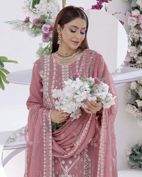 Pink Chiffon Embroidered Suit