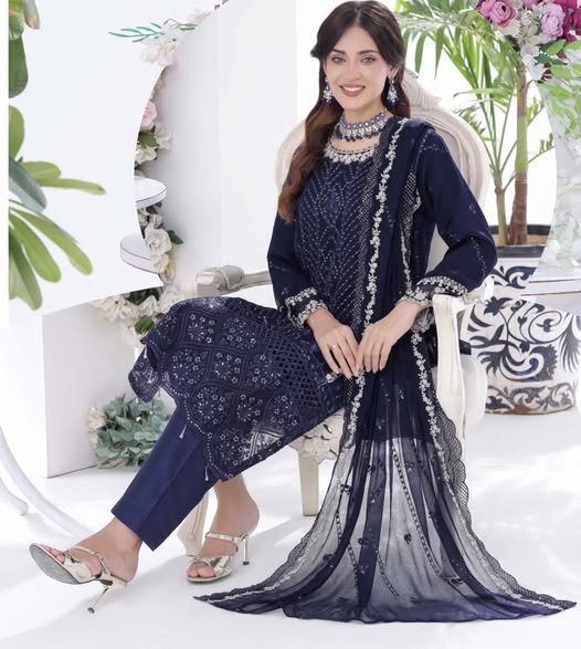 Navy Chiffon Embroidered Suit