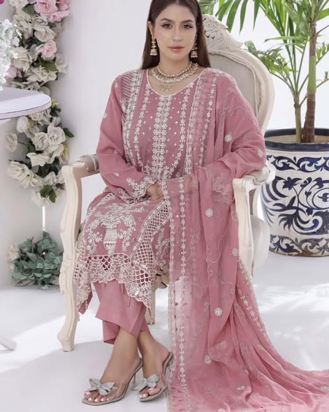 Pink Chiffon Embroidered Suit