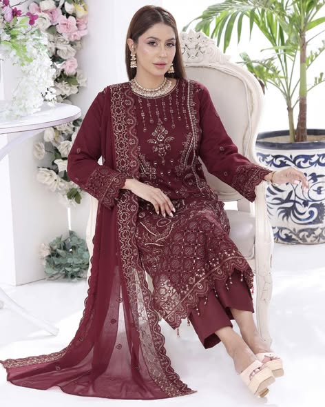 Maroon Chiffon Embroidered Suit